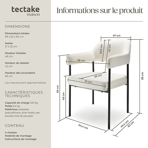 TECTAKE - Lot 4 fauteuils rembourrés pieds en acier dossier continu noir/blanc - large