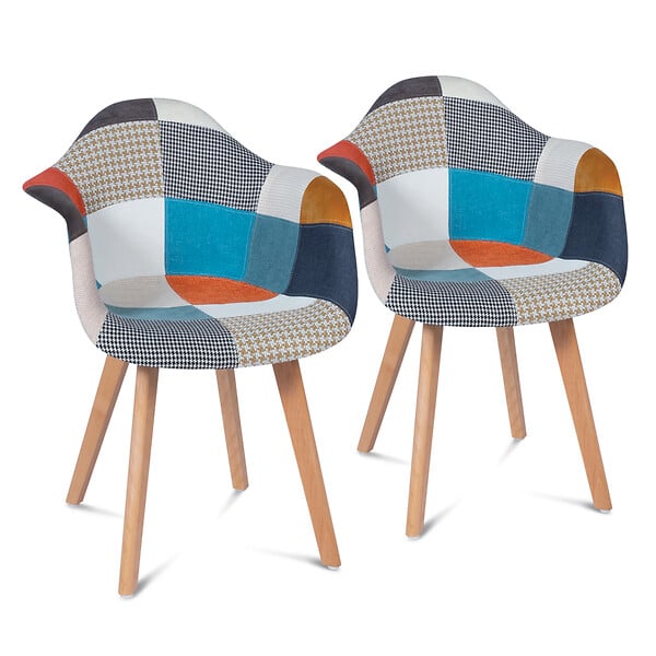 ID MARKET - Lot de 2 chaises de salle à manger scandinaves, fauteuils de table SARA motifs patchworks multi-couleurs - large