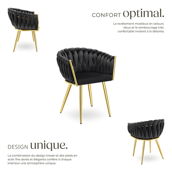 TECTAKE - Lot 2 chaises de salle à manger en velours design noué noir/or - large