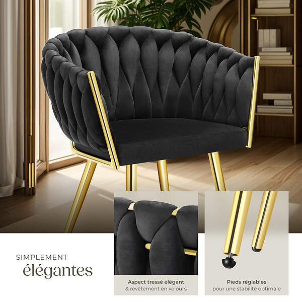 TECTAKE - Lot 2 chaises de salle à manger en velours design noué noir/or - large