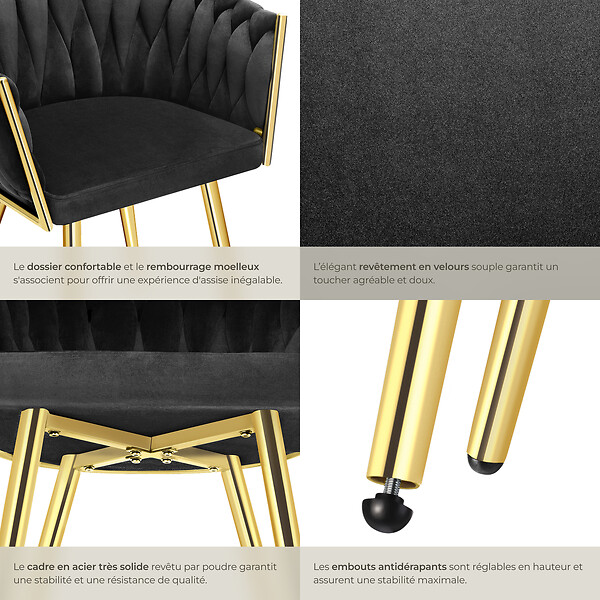 TECTAKE - Lot 2 chaises de salle à manger en velours design noué noir/or - large