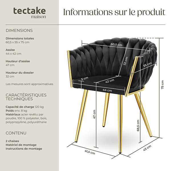 TECTAKE - Lot 2 chaises de salle à manger en velours design noué noir/or - large