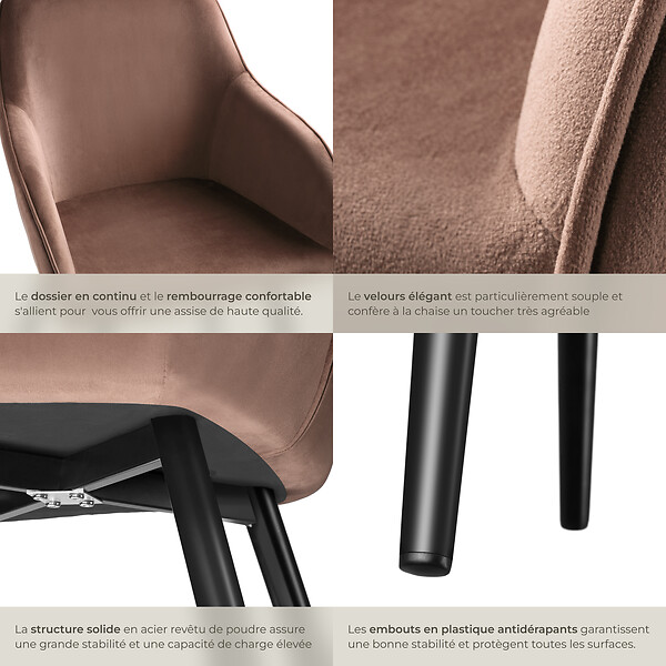 TECTAKE - Chaise Rembourrée aspect velours Dossier ergonomique brun-noir - large
