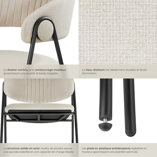TECTAKE - Lot 6 Fauteuils rembourré ergonomique en tissu 150kg max grège - large