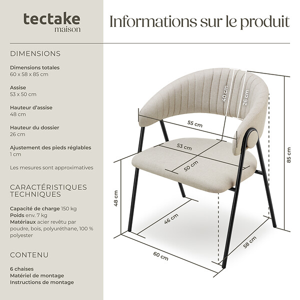 TECTAKE - Lot 6 Fauteuils rembourré ergonomique en tissu 150kg max grège - large