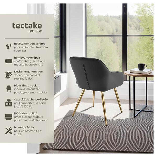TECTAKE - Lot 6 chaises élégantes aspect corde anthracite/doré - large