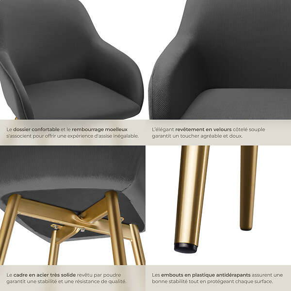 TECTAKE - Lot 6 chaises élégantes aspect corde anthracite/doré - large