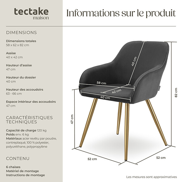 TECTAKE - Lot 6 chaises élégantes aspect corde anthracite/doré - large