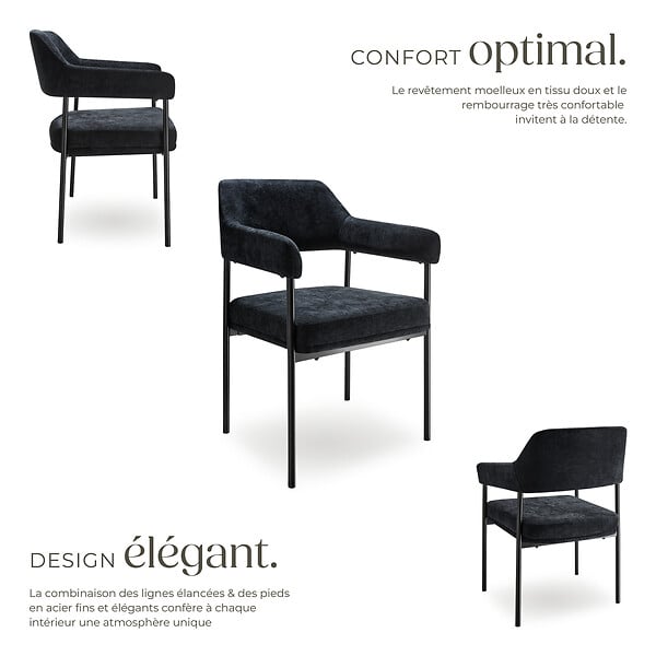 TECTAKE - Lot 6 fauteuils rembourrés avec pieds en acier et dossier continu noir - large