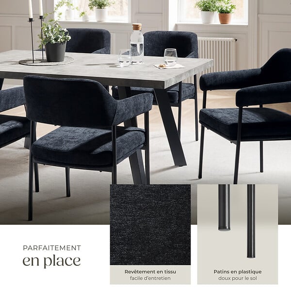 TECTAKE - Lot 6 fauteuils rembourrés avec pieds en acier et dossier continu noir - large