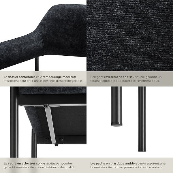 TECTAKE - Lot 6 fauteuils rembourrés avec pieds en acier et dossier continu noir - large