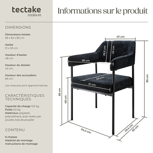 TECTAKE - Lot 6 fauteuils rembourrés avec pieds en acier et dossier continu noir - large