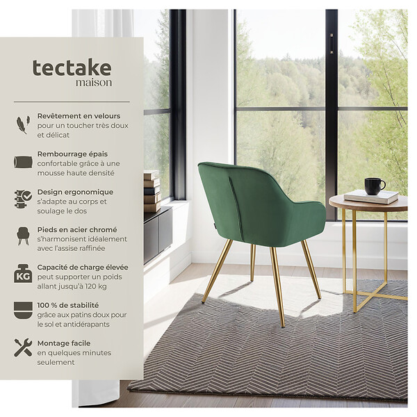TECTAKE - Lot 4 chaises de salle à manger aspect velours matelassé vert/or - large