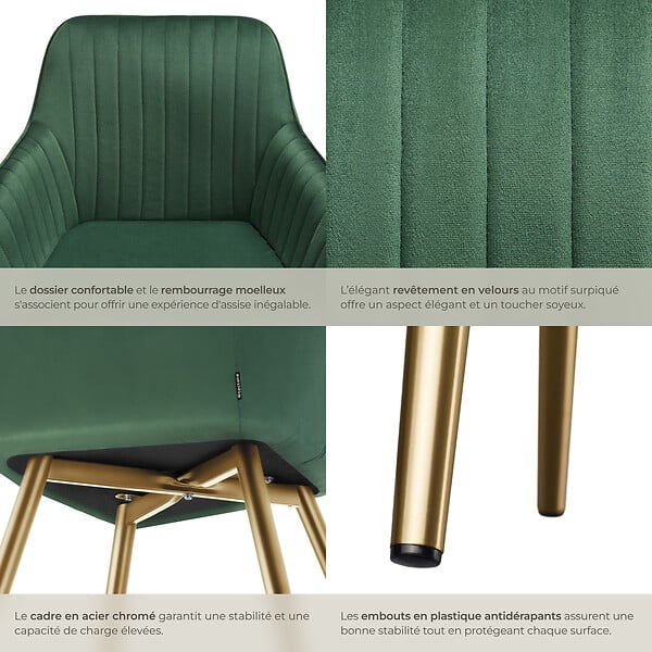 TECTAKE - Lot 4 chaises de salle à manger aspect velours matelassé vert/or - large