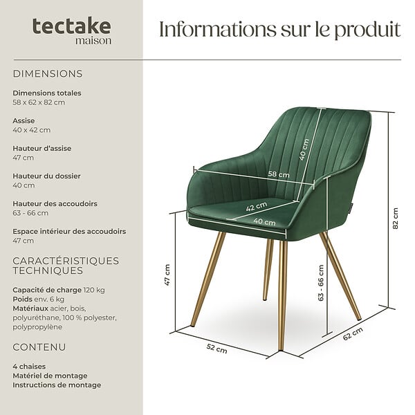 TECTAKE - Lot 4 chaises de salle à manger aspect velours matelassé vert/or - large