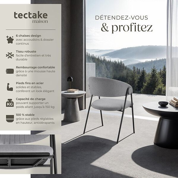 TECTAKE - Lot 6 Fauteuils rembourré ergonomique en tissu 150kg max gris - large