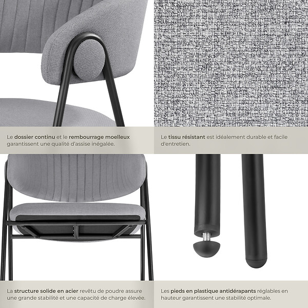 TECTAKE - Lot 6 Fauteuils rembourré ergonomique en tissu 150kg max gris - large