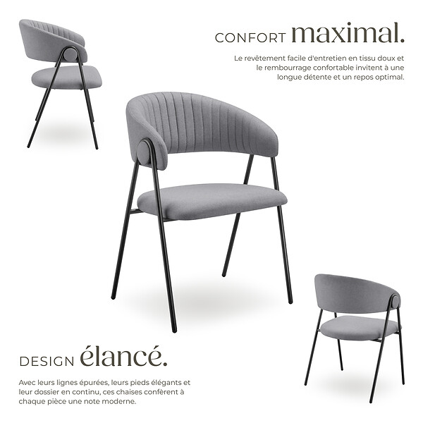 TECTAKE - Lot 6 Fauteuils rembourré ergonomique en tissu 150kg max gris - large