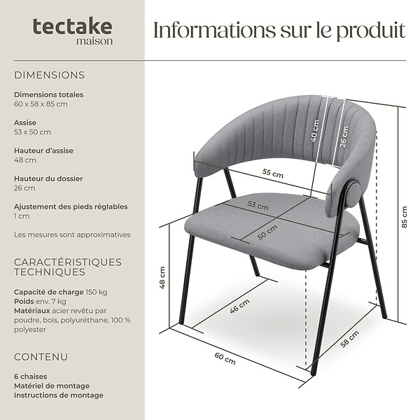 TECTAKE - Lot 6 Fauteuils rembourré ergonomique en tissu 150kg max gris - large