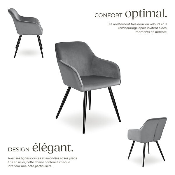 TECTAKE - Chaise rembourrée aspect velours style scandinave gris/noir - large