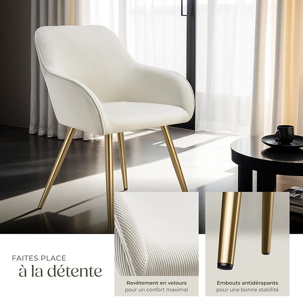 TECTAKE - Lot 6 chaises élégantes aspect corde forme ergonomique crème/doré - large