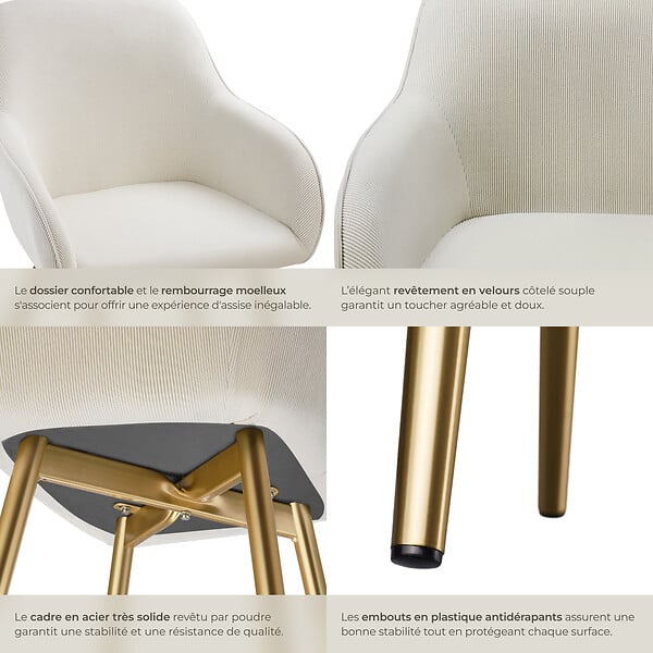 TECTAKE - Lot 6 chaises élégantes aspect corde forme ergonomique crème/doré - large