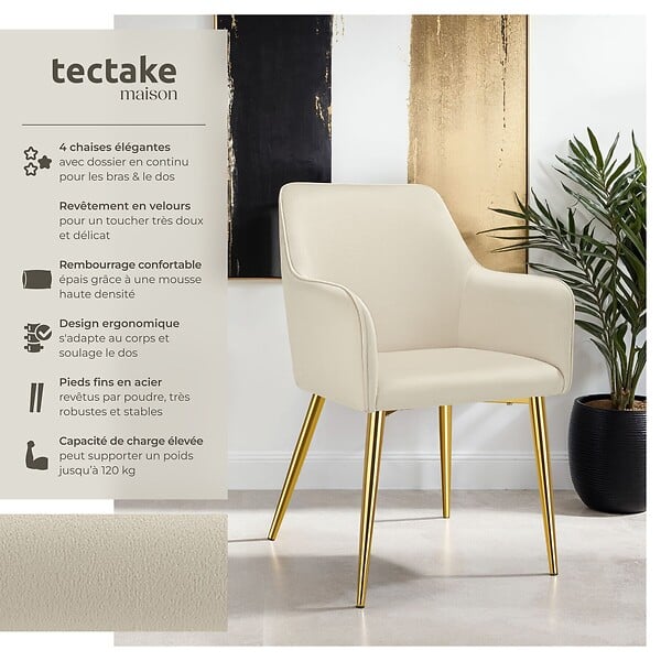 TECTAKE - Lot 4 Fauteuils aspect velours rembourrés avec dossier continu beige - large