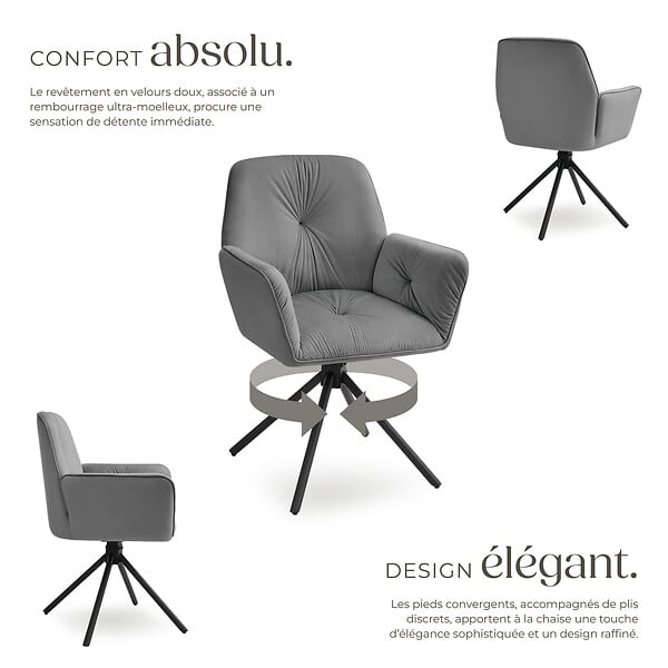 TECTAKE - Lot de 6 chaises pivotantes 360° en velours rembourré anthracite/noir - large