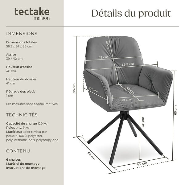 TECTAKE - Lot de 6 chaises pivotantes 360° en velours rembourré anthracite/noir - large
