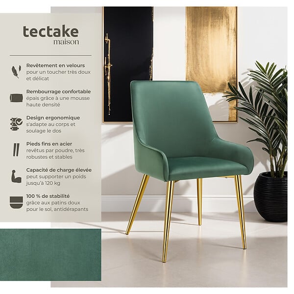 TECTAKE - Lot 6 chaises rembourrées aspect velours forme ergonomique vert - large
