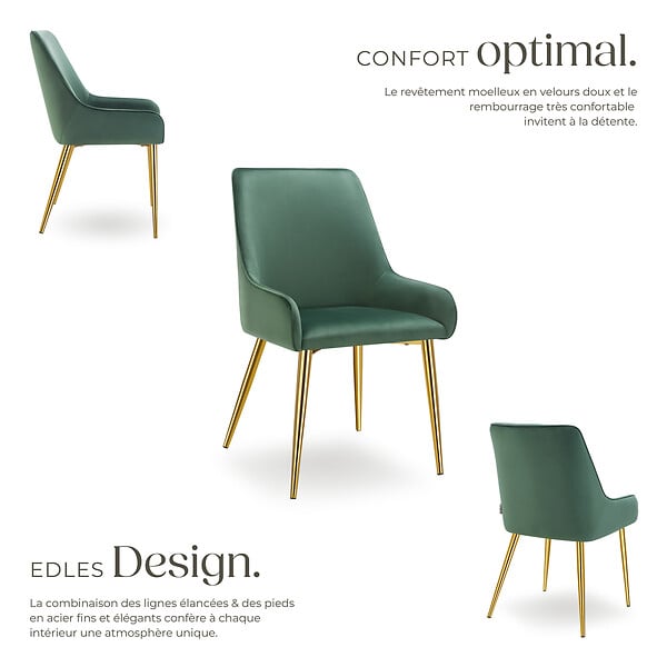 TECTAKE - Lot 6 chaises rembourrées aspect velours forme ergonomique vert - large