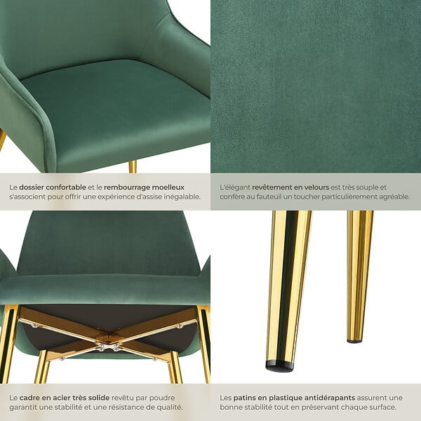 TECTAKE - Lot 6 chaises rembourrées aspect velours forme ergonomique vert - large