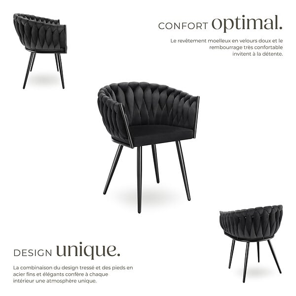 TECTAKE - Lot 4 chaises de salle à manger en velours design noué noires - large