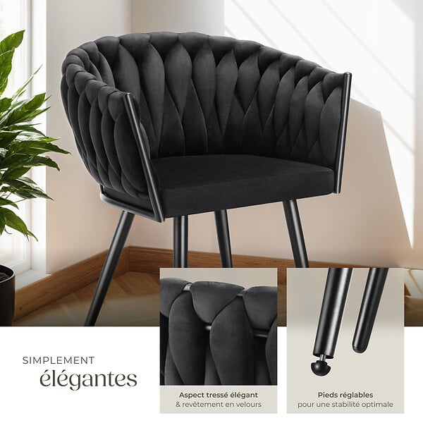 TECTAKE - Lot 4 chaises de salle à manger en velours design noué noires - large