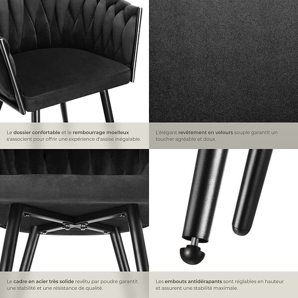 TECTAKE - Lot 4 chaises de salle à manger en velours design noué noires - large