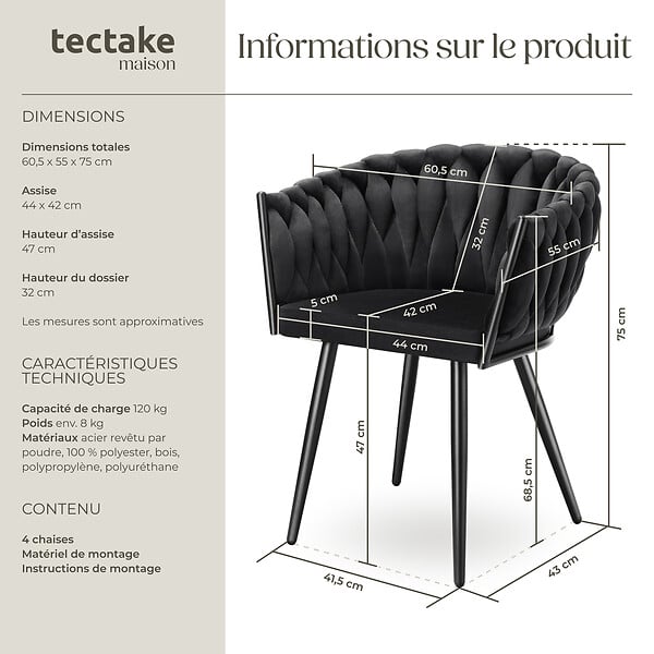 TECTAKE - Lot 4 chaises de salle à manger en velours design noué noires - large