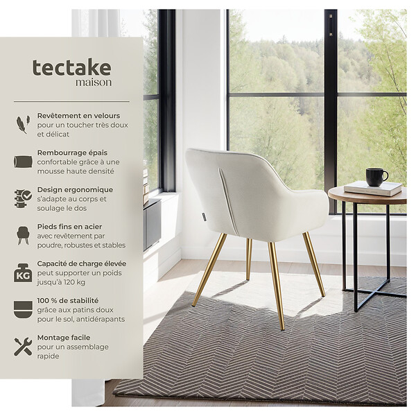 TECTAKE - Lot 4 chaises élégantes aspect corde forme ergonomique crème/doré - large