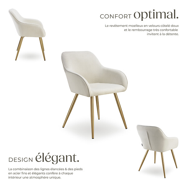 TECTAKE - Lot 4 chaises élégantes aspect corde forme ergonomique crème/doré - large