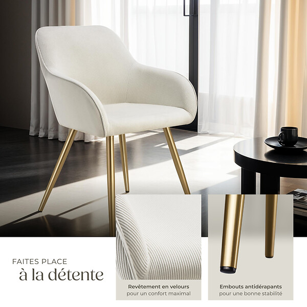 TECTAKE - Lot 4 chaises élégantes aspect corde forme ergonomique crème/doré - large