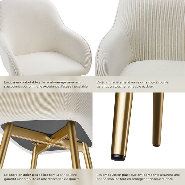 TECTAKE - Lot 4 chaises élégantes aspect corde forme ergonomique crème/doré - large