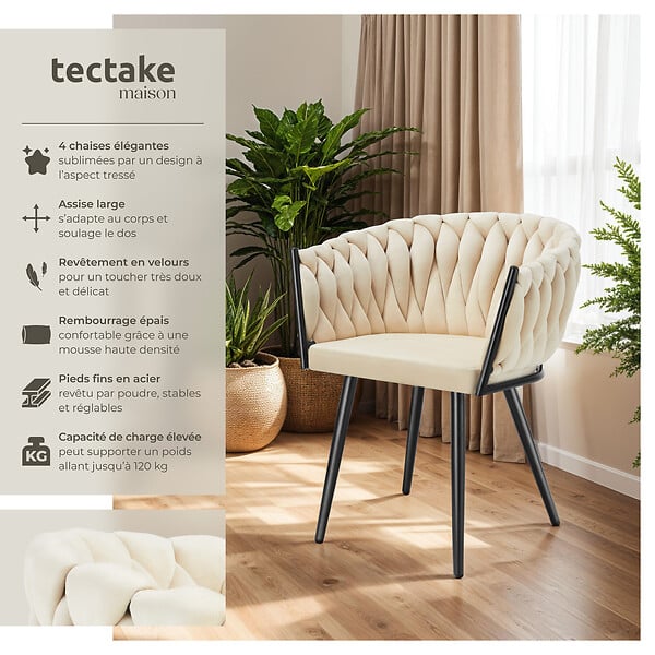 TECTAKE - Lot 4 chaises de salle à manger en velours design noué sables - large