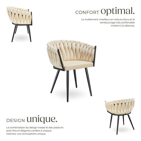 TECTAKE - Lot 4 chaises de salle à manger en velours design noué sables - large