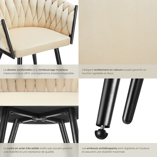 TECTAKE - Lot 4 chaises de salle à manger en velours design noué sables - large
