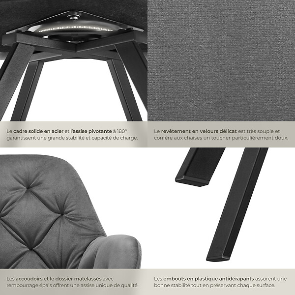 TECTAKE - Lot 6 fauteuils pivotants 180° velours rembourrés motif matelassé gris - large
