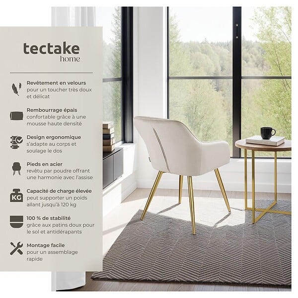 TECTAKE - Ensemble de 2 chaises rembourrées aspect velours taupe/or - large