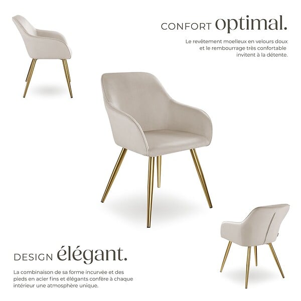 TECTAKE - Ensemble de 2 chaises rembourrées aspect velours taupe/or - large