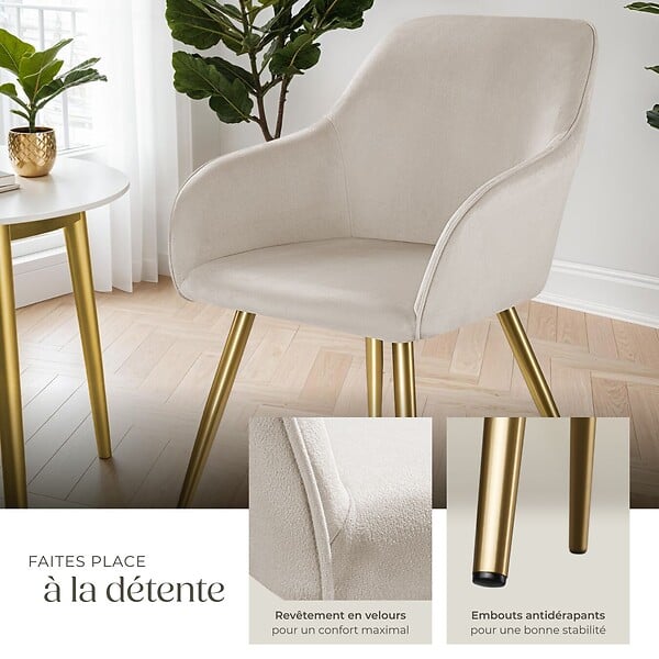 TECTAKE - Ensemble de 2 chaises rembourrées aspect velours taupe/or - large