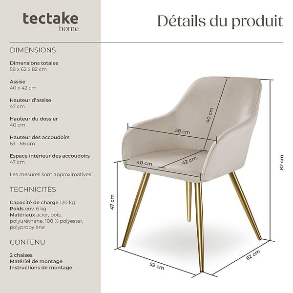TECTAKE - Ensemble de 2 chaises rembourrées aspect velours taupe/or - large