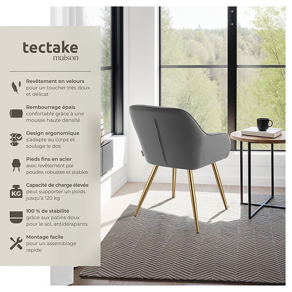 TECTAKE - Lot 2 chaises élégantes aspect corde avec forme ergonomique gris/doré - large