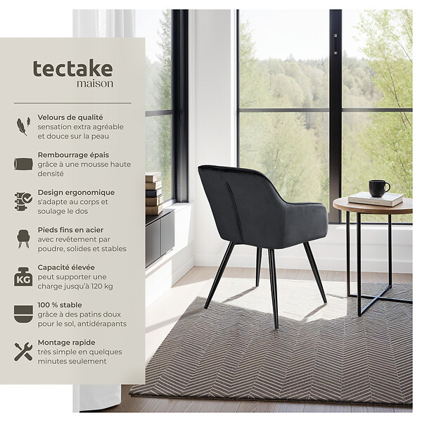 TECTAKE - Ensemble de 6 chaises effet velours rembourrées ergonomiques noir - large